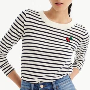 J. Crew Navy and White Striped Tippi Light Weight Sweater With Cherry Patch XXS